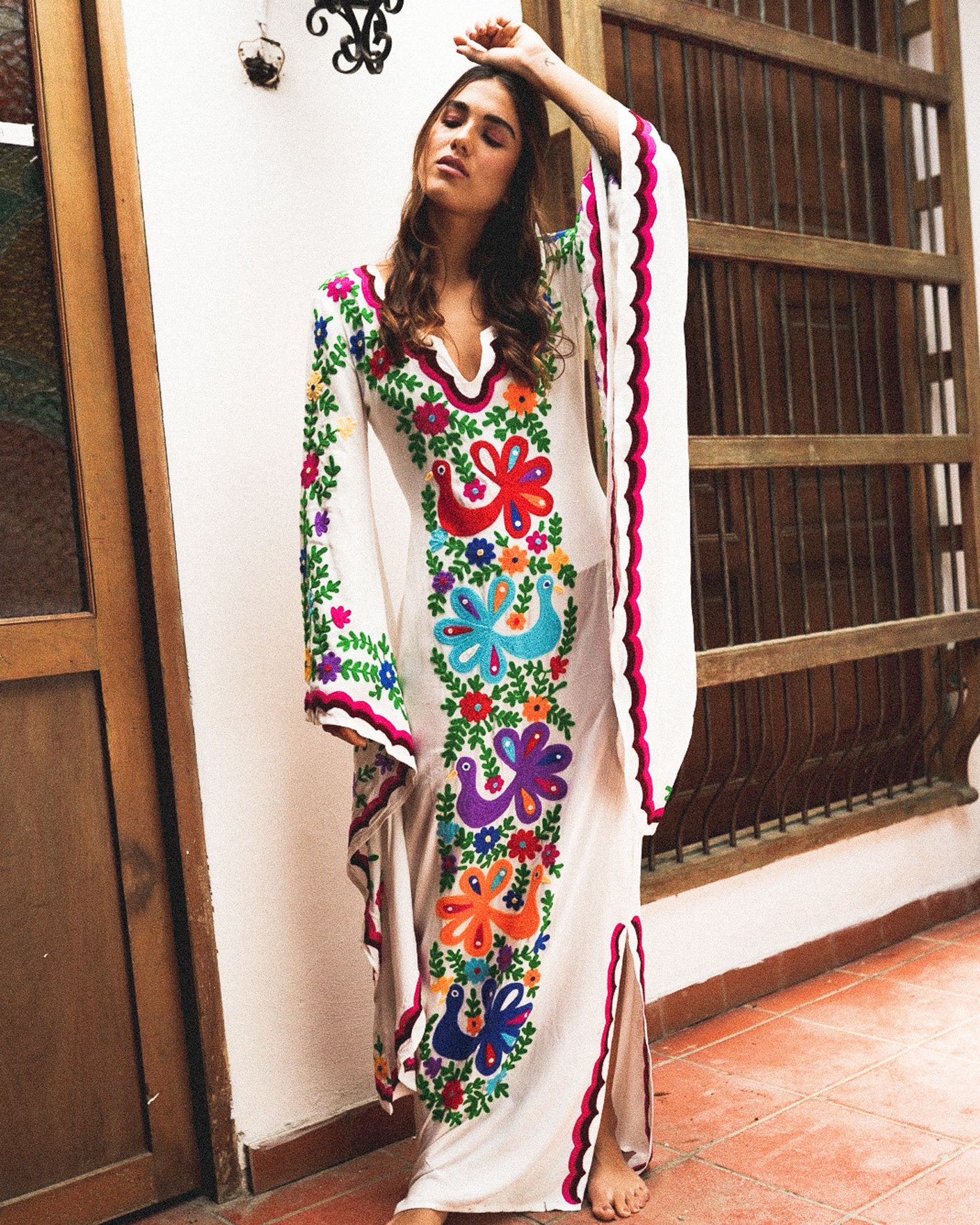 Custom White & Pink Mexican Embroidered Maxi Dress from newcropshop