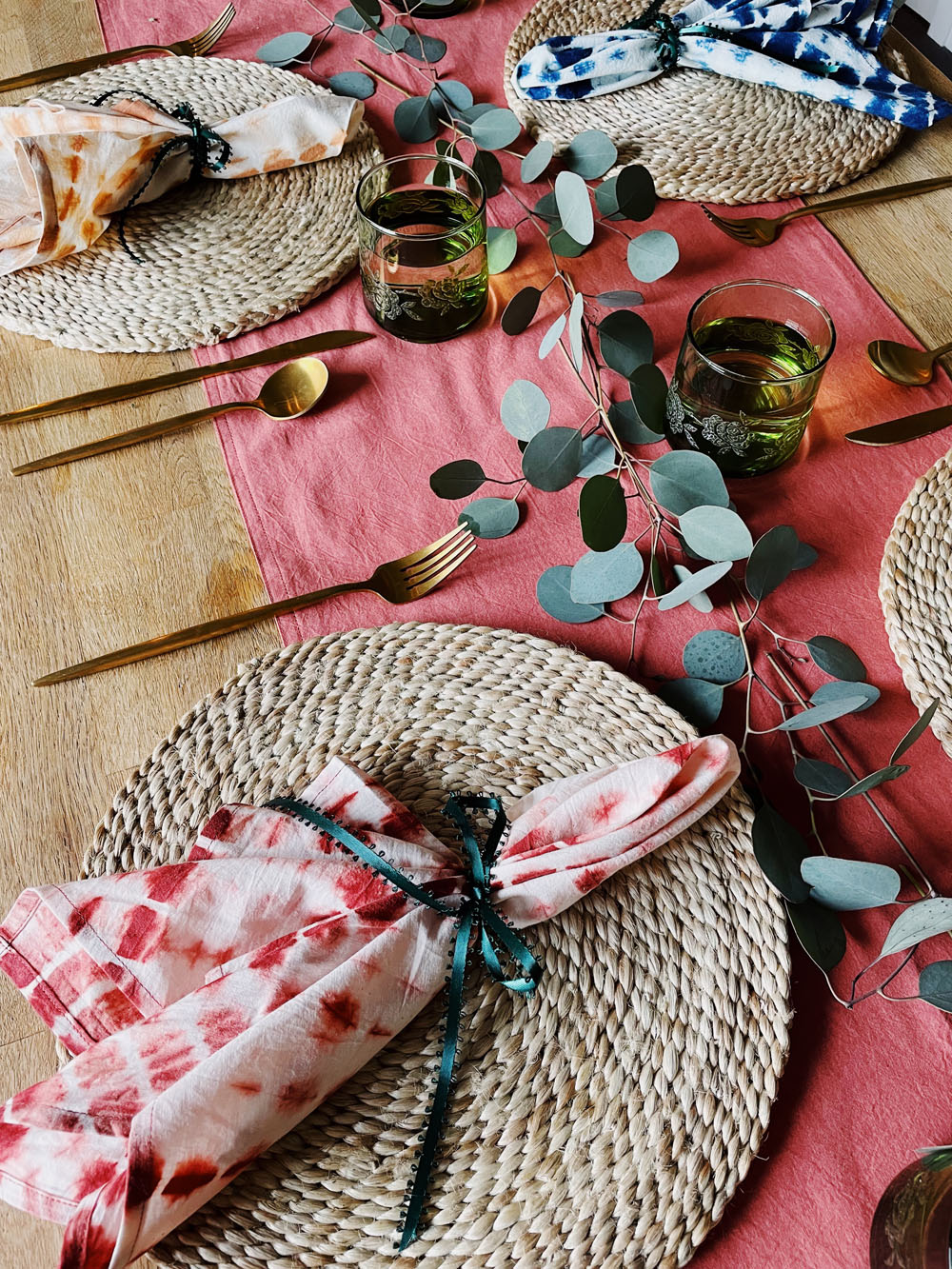 Christmas place settings with shibori dye