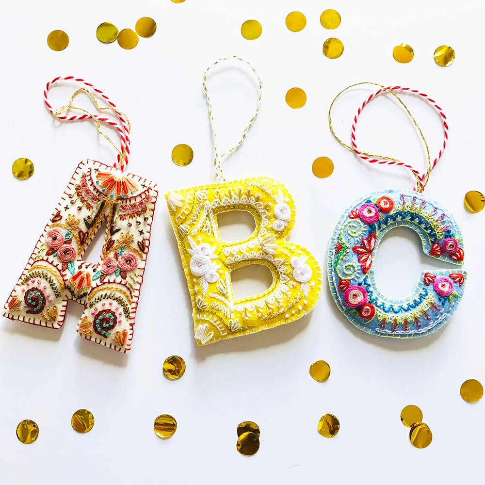 hand embroidered felt monogram ornaments