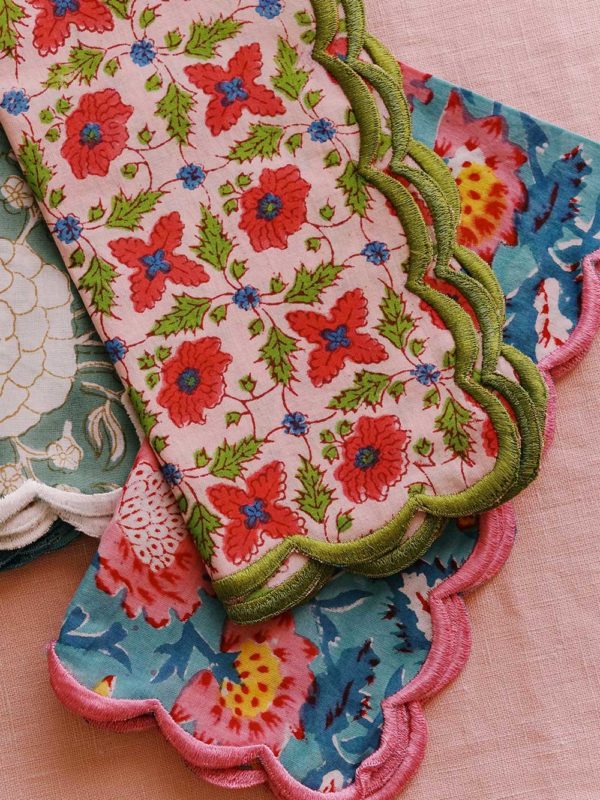 pink and green floral cloth napkins with block print pattern via eco club